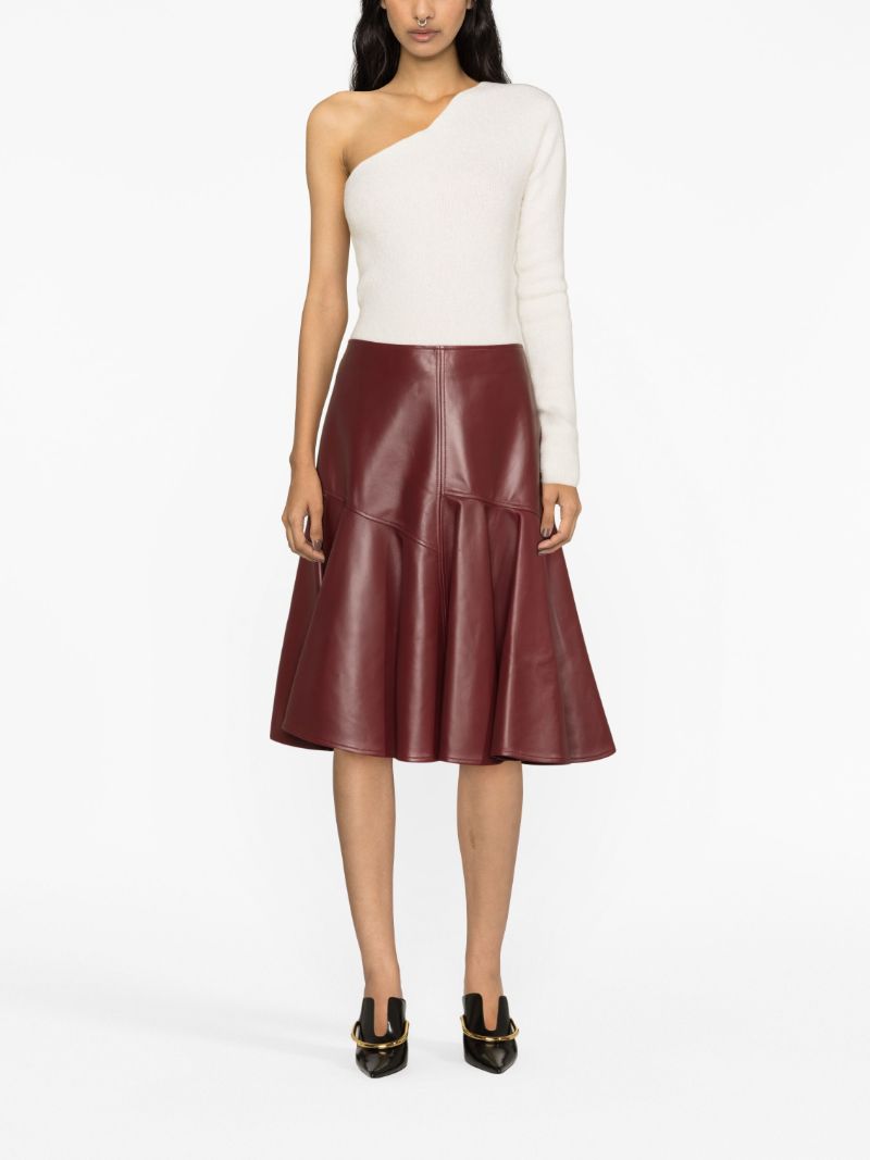 Red Pleated Leather Midi Skirt