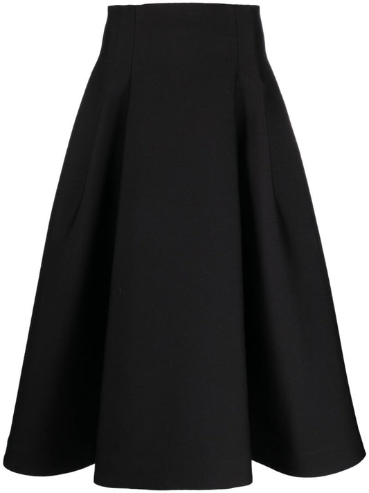 Black Wool A-line Midi Skirt