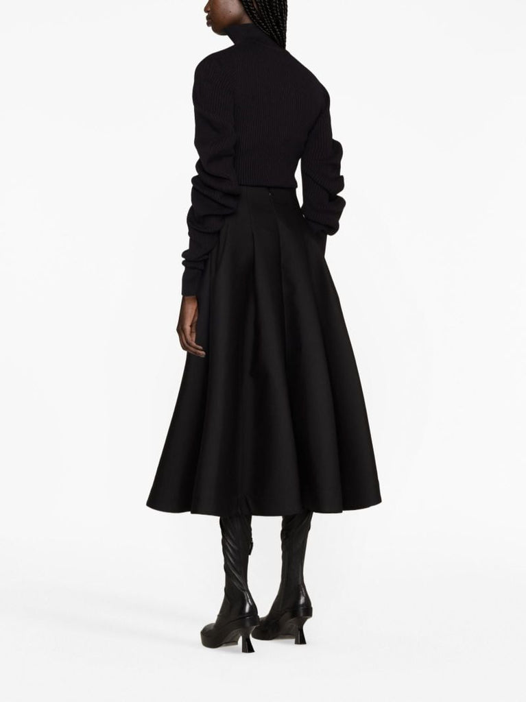 Black Wool A-line Midi Skirt