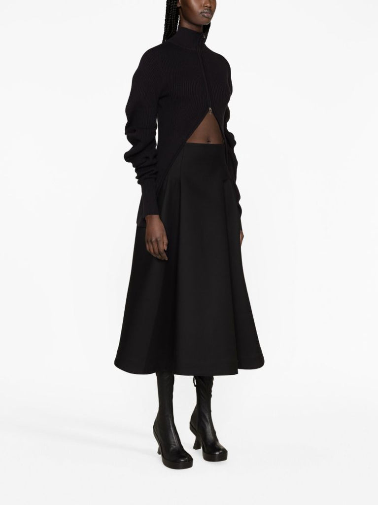 Black Wool A-line Midi Skirt