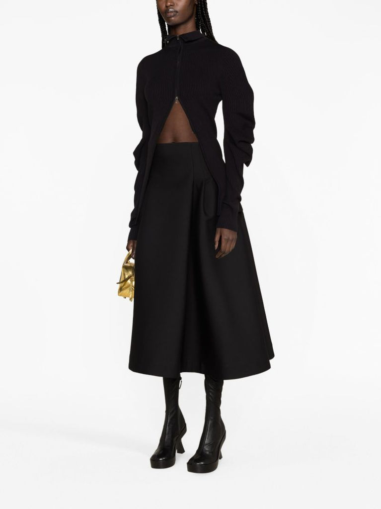 Black Wool A-line Midi Skirt