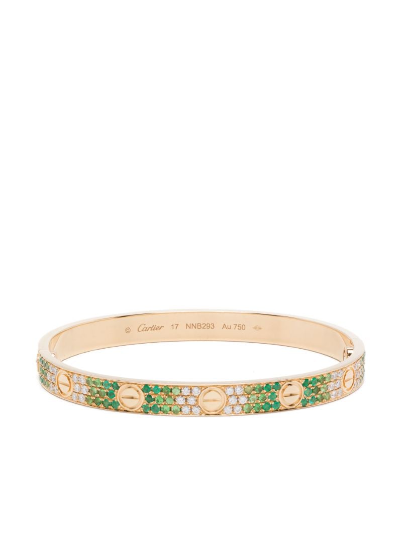 18k Yellow Gold Love Diamond and Emerald Bangle