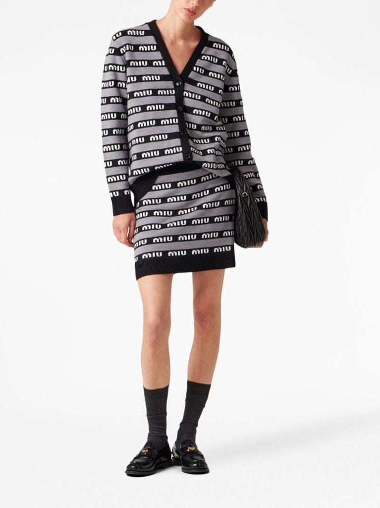 Black Intarsia Knit Logo Cardigan