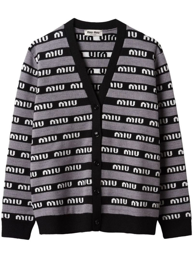 Black Intarsia Knit Logo Cardigan