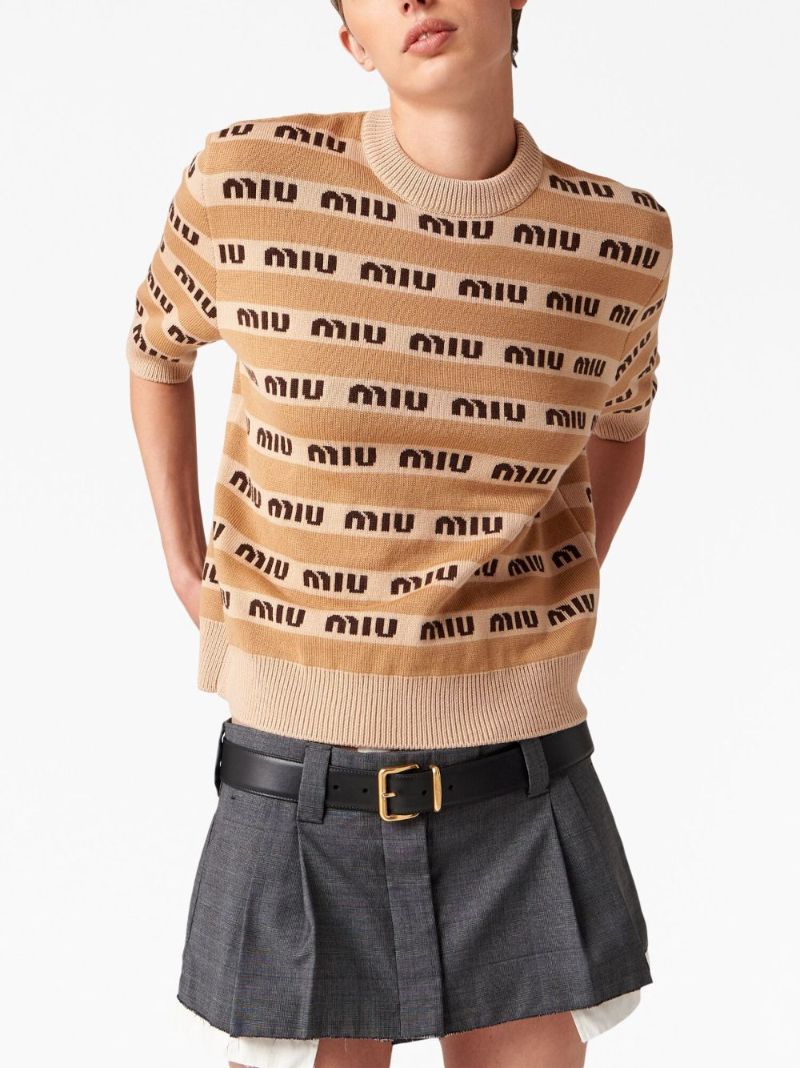 Beige Intarsia Knit Logo Short Sleeve Top