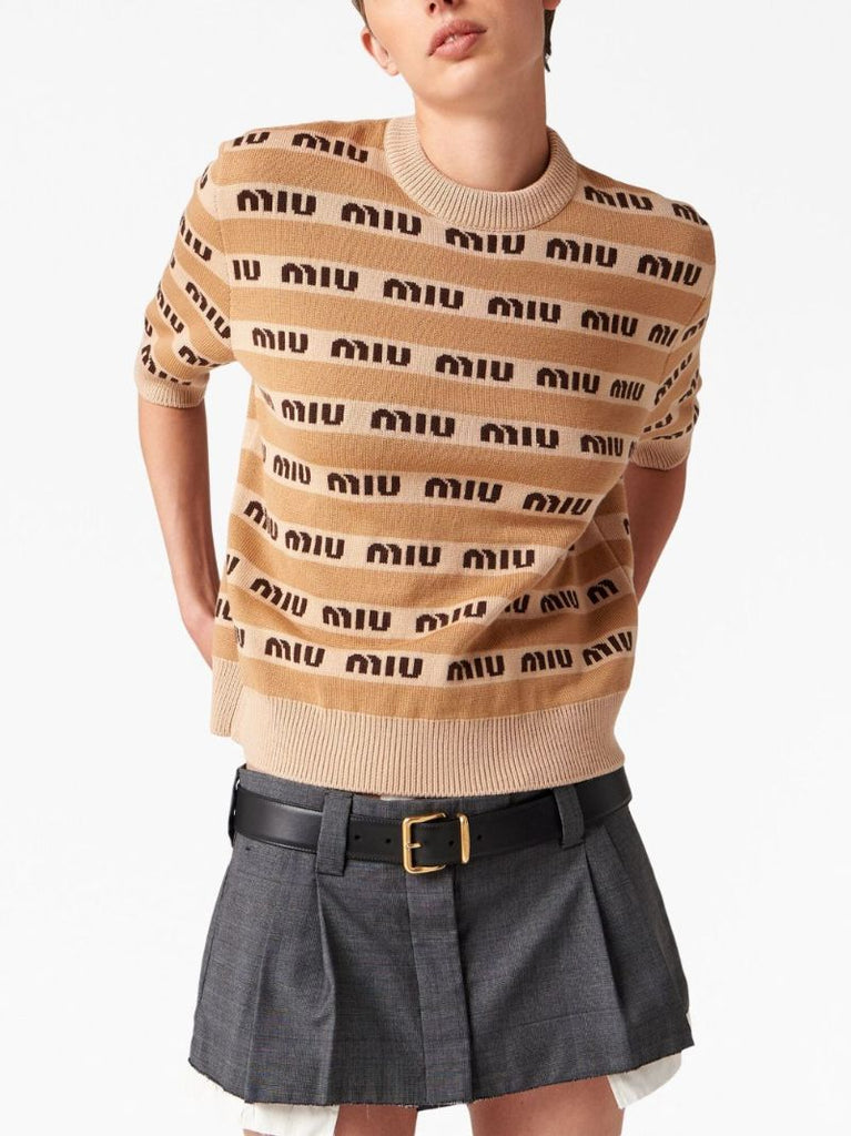 Beige Intarsia Knit Logo Short Sleeve Top