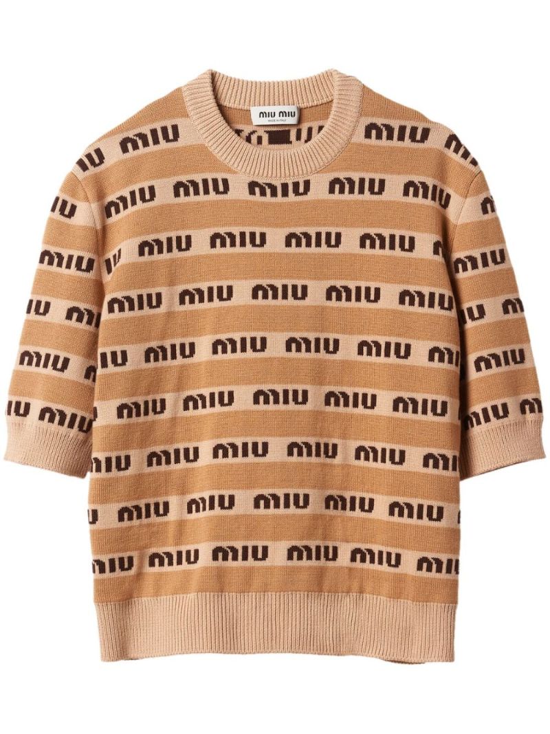 Beige Intarsia Knit Logo Short Sleeve Top