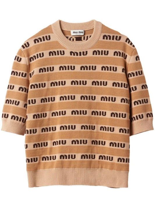 Beige Intarsia Knit Logo Short Sleeve Top