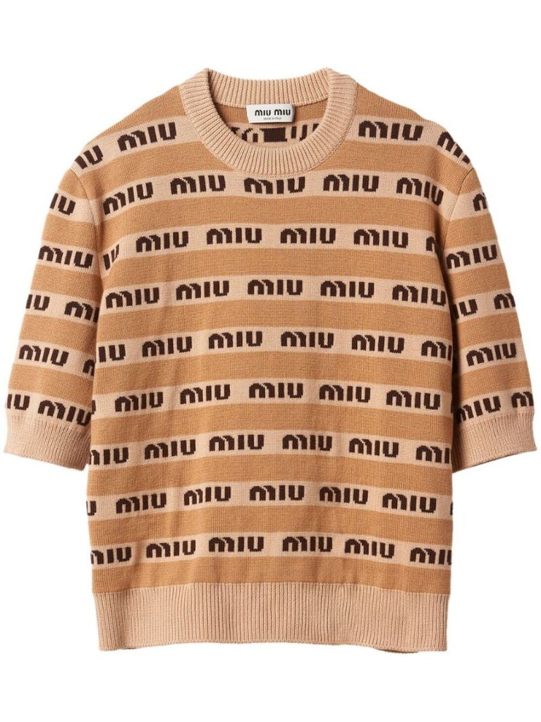Beige Intarsia Knit Logo Short Sleeve Top