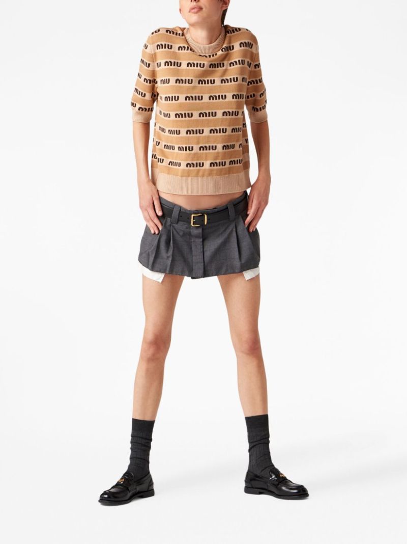 Beige Intarsia Knit Logo Short Sleeve Top
