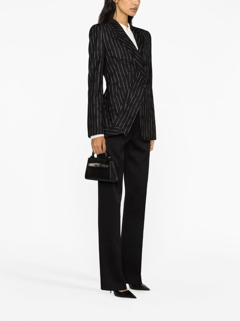 Black Pinstripe Wool Blazer