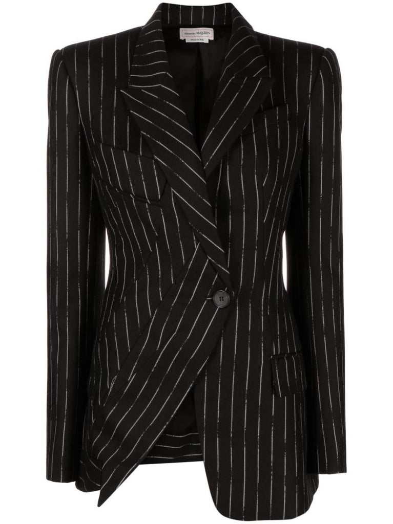 Black Pinstripe Wool Blazer