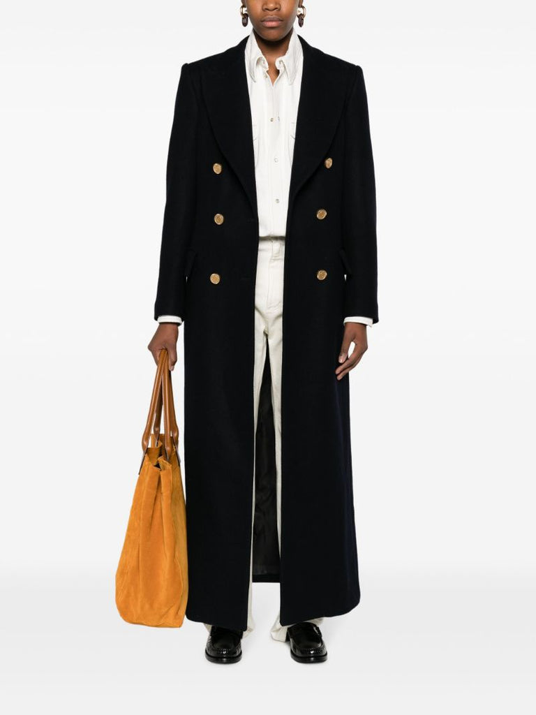 Blue Double-breasted Wool Long Coat