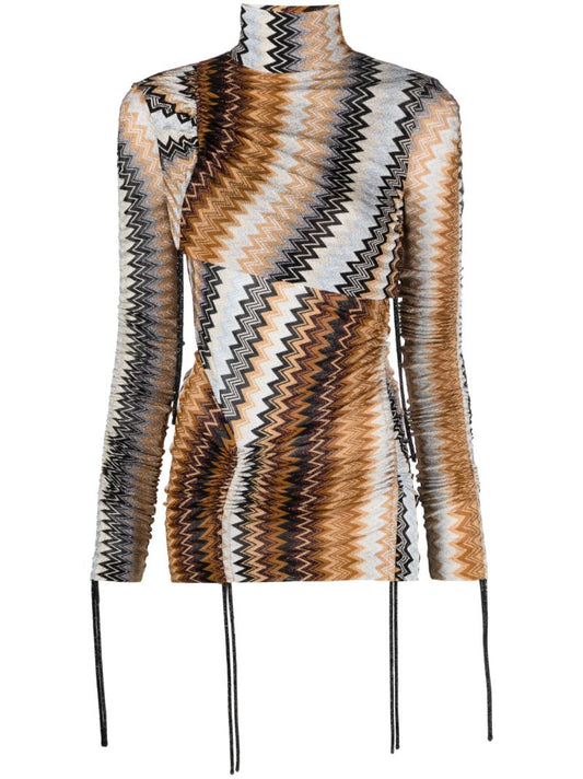 Brown Zigzag Strap-detailing T-shirt