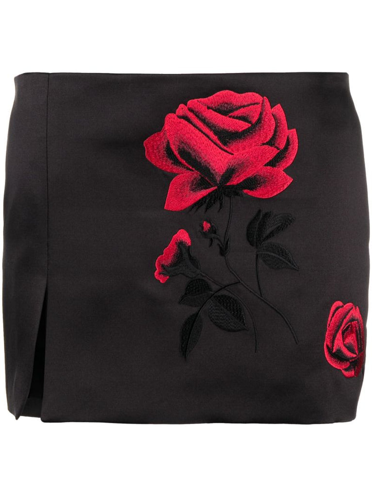 Black Rose-embroidered Mini Skirt