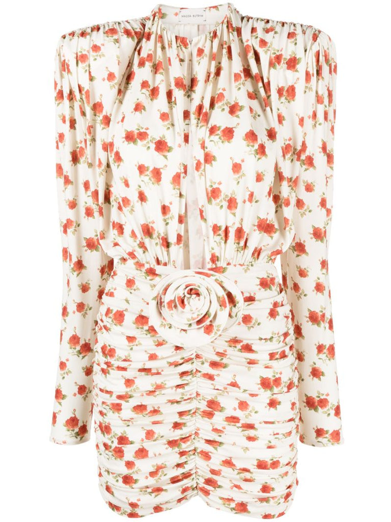 Neutral Rose-print Ruched Mini Dress