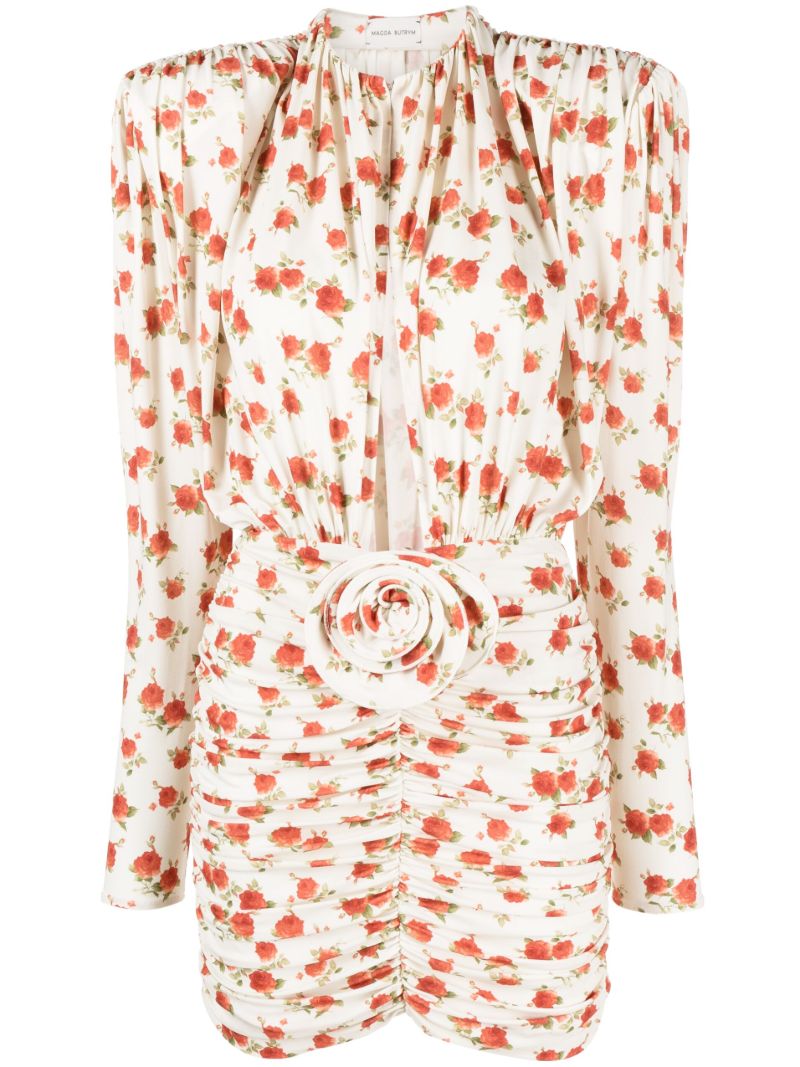 Neutral Rose-print Ruched Mini Dress