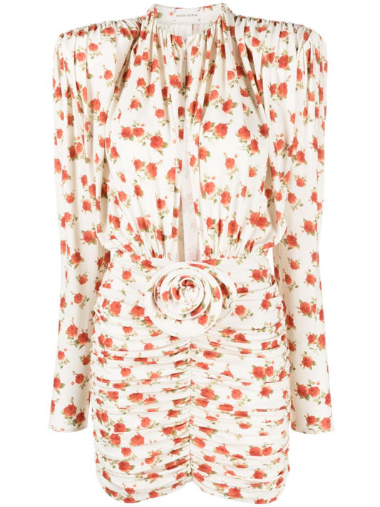 Neutral Rose-print Ruched Mini Dress
