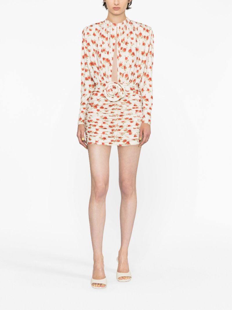 Neutral Rose-print Ruched Mini Dress