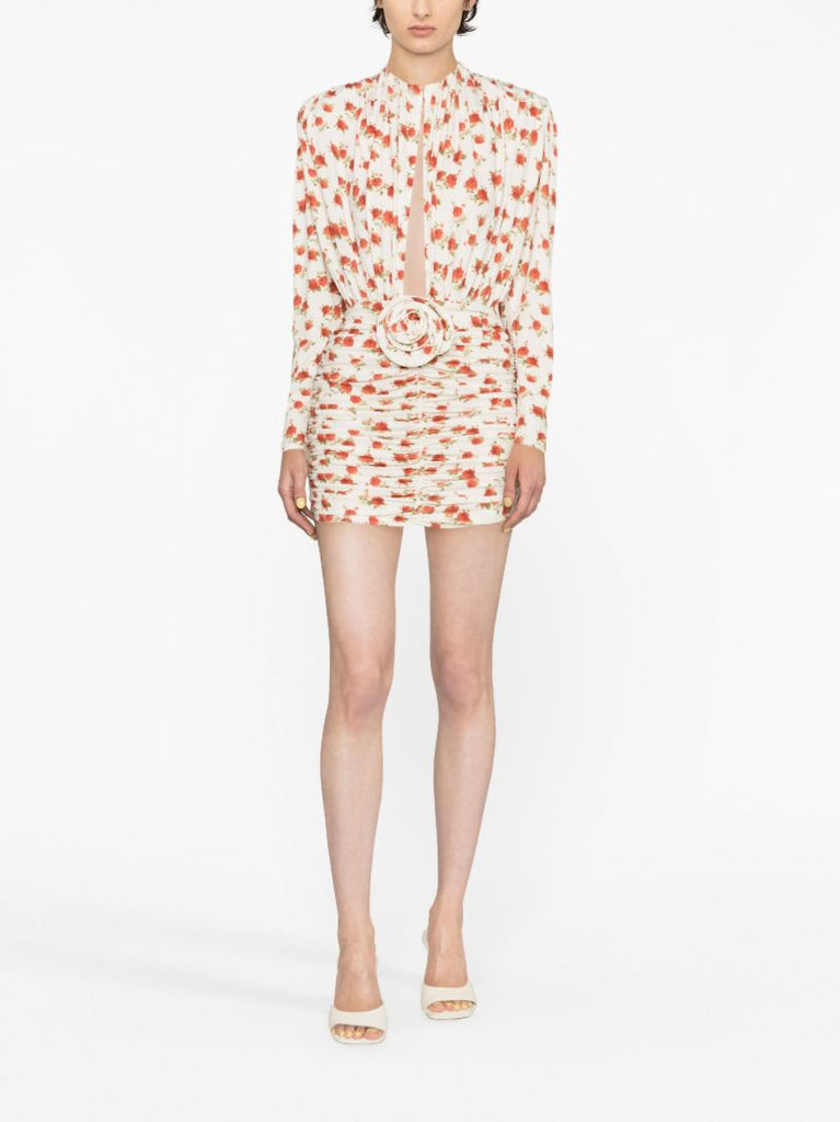 Neutral Rose-print Ruched Mini Dress