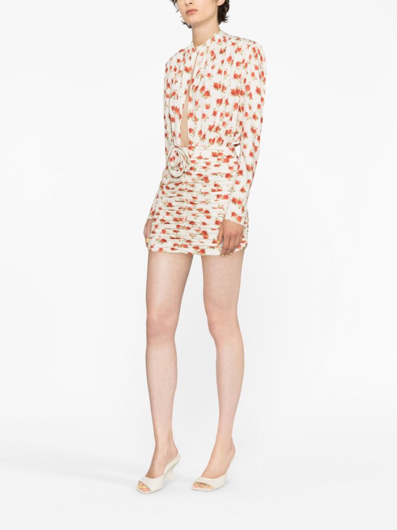 Neutral Rose-print Ruched Mini Dress