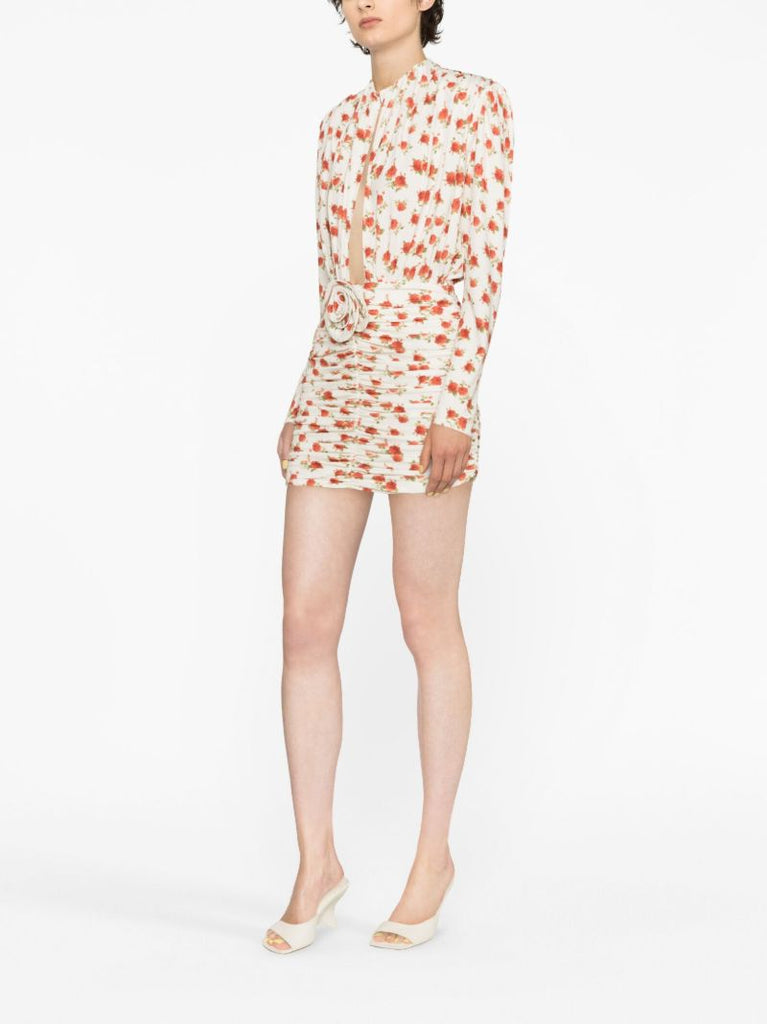 Neutral Rose-print Ruched Mini Dress