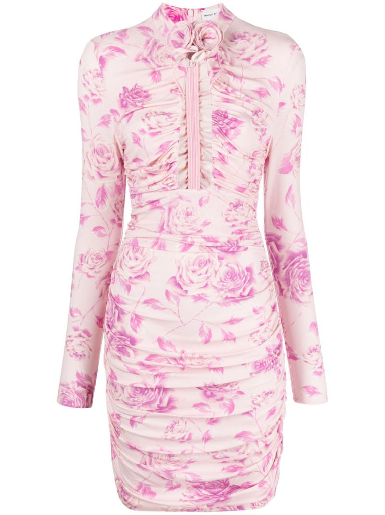 Pink Floral-print Ruched Mini Dress