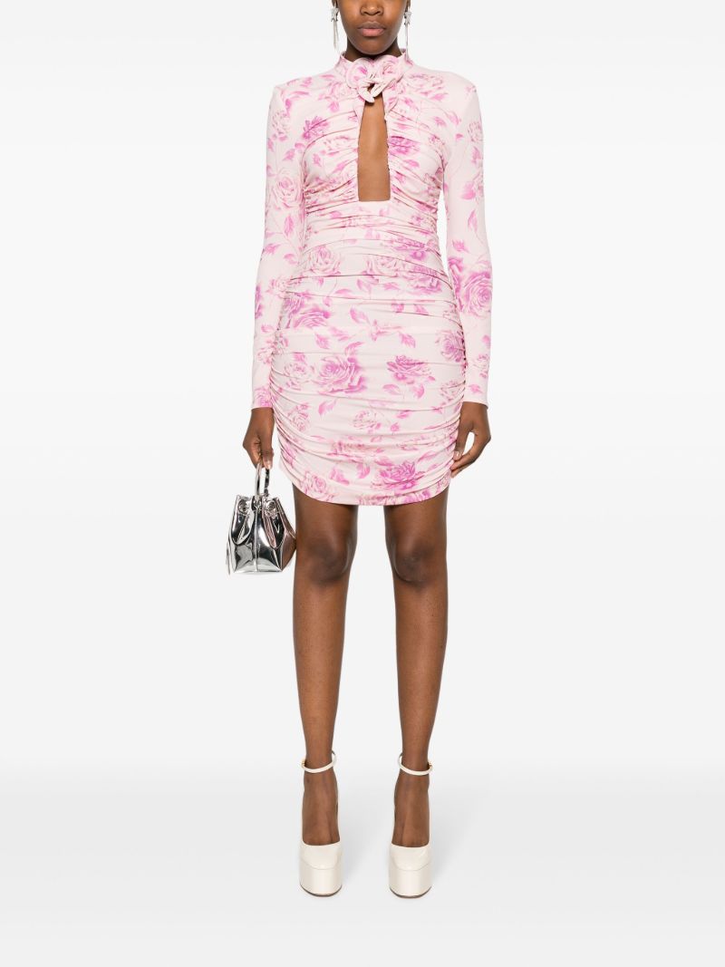 Pink Floral-print Ruched Mini Dress