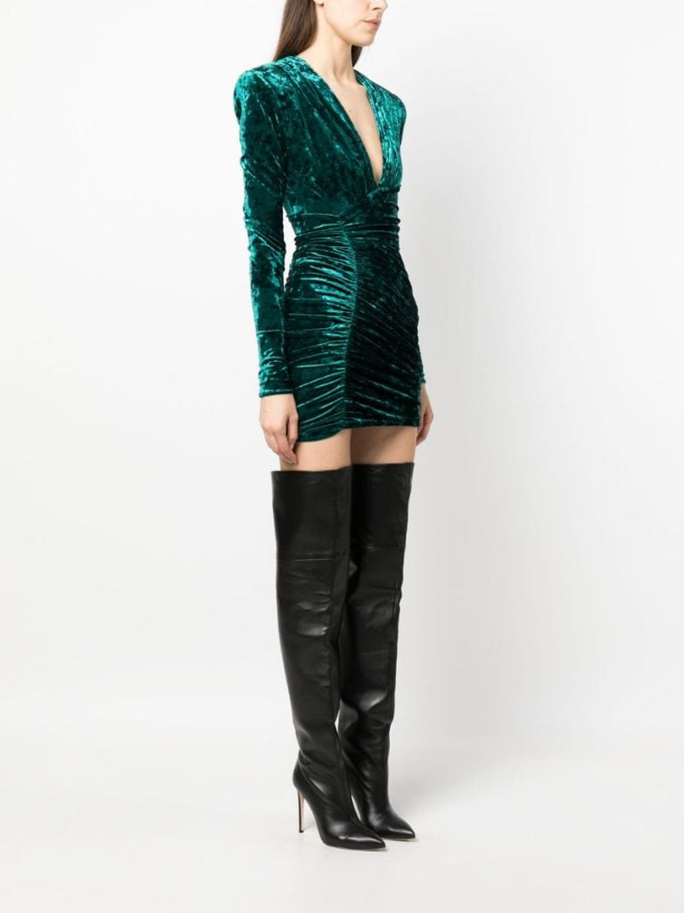 Green Ruched Velvet Mini Dress