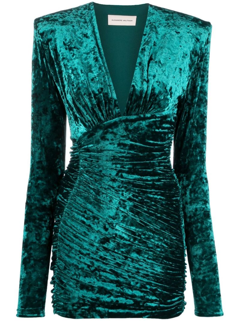Green Ruched Velvet Mini Dress
