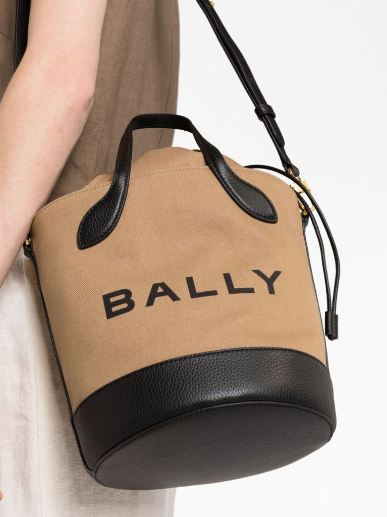 Beige Logo Print Bucket Bag