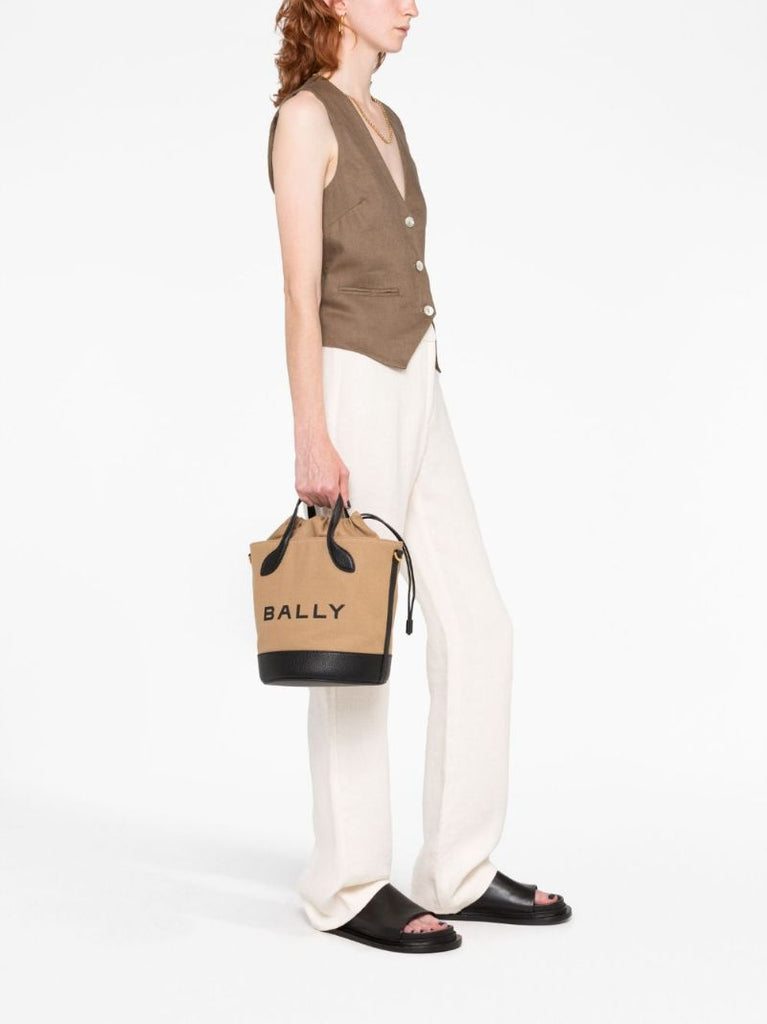 Beige Logo Print Bucket Bag