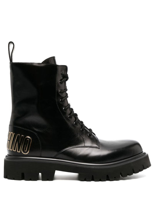 Black Logo Print Combat Boots