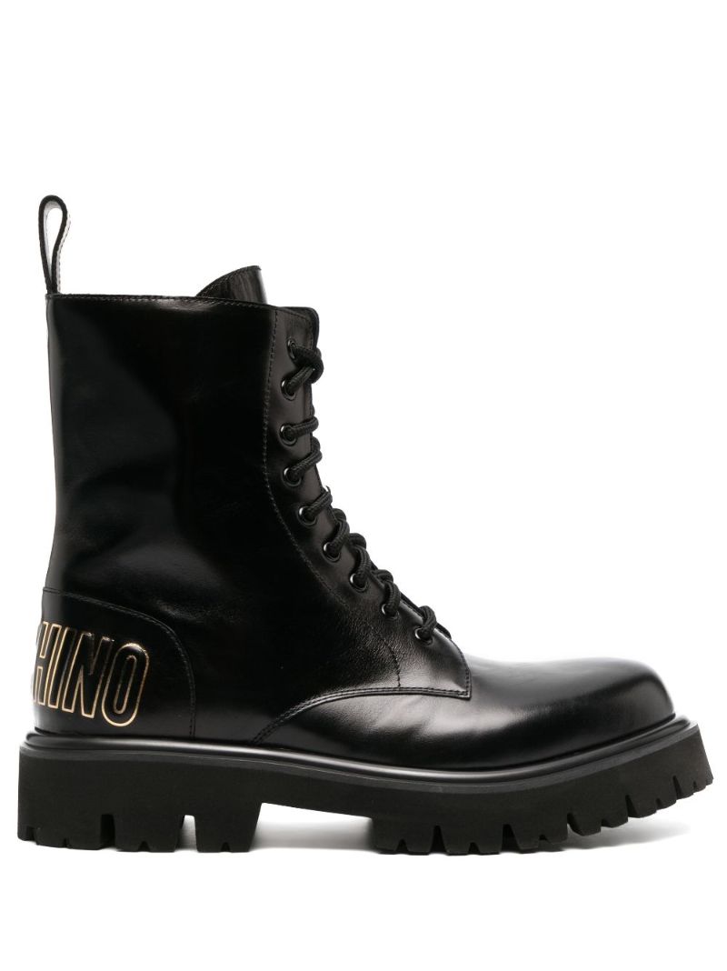 Black Logo Print Combat Boots