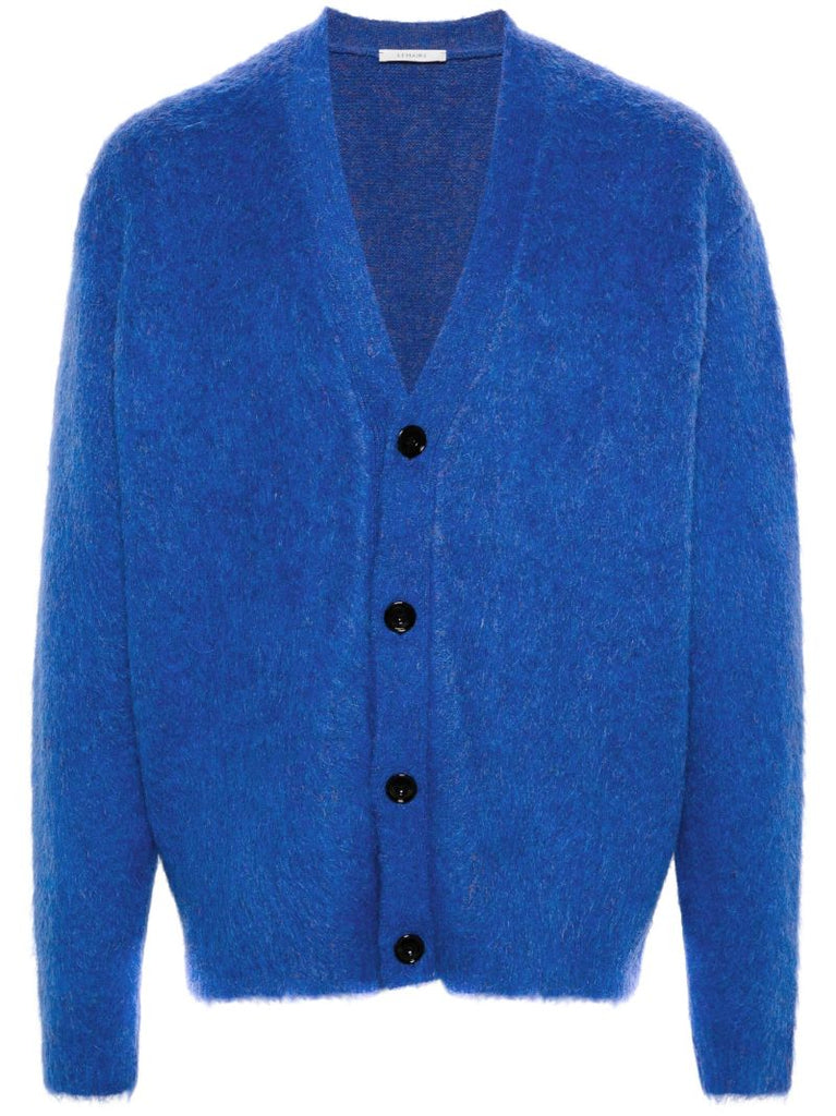 Blue V-neck Brushed-knit Cardigan