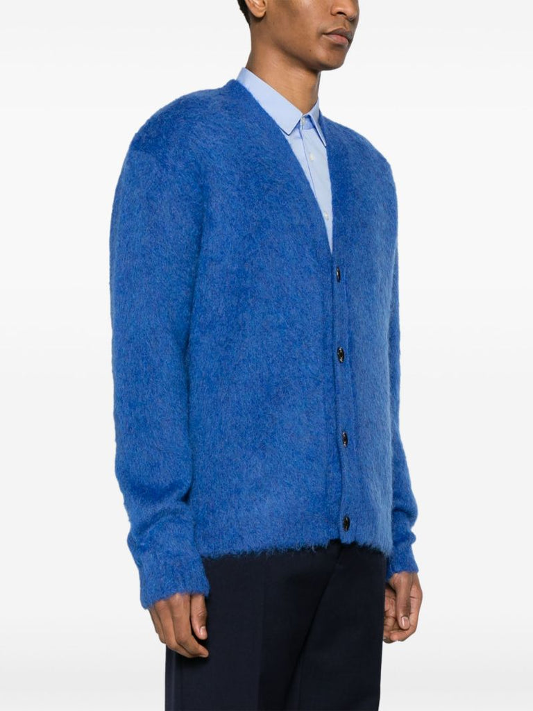 Blue V-neck Brushed-knit Cardigan