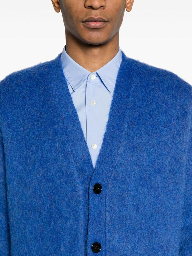 Blue V-neck Brushed-knit Cardigan