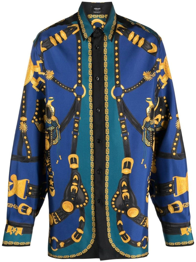 Blue Medusa Harness Print Silk Shirt