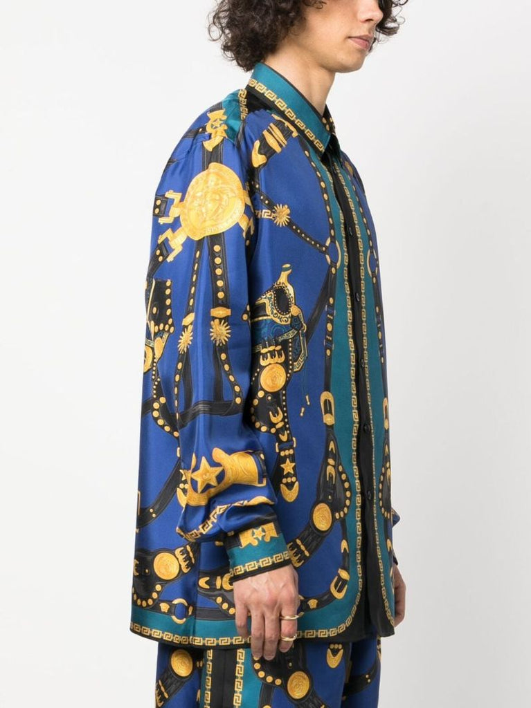 Blue Medusa Harness Print Silk Shirt