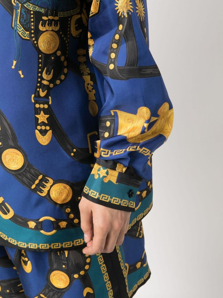 Blue Medusa Harness Print Silk Shirt