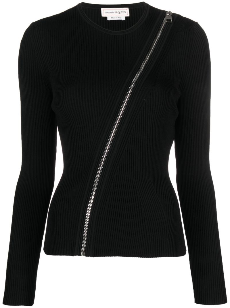 Black Ribbed Zip-up Top