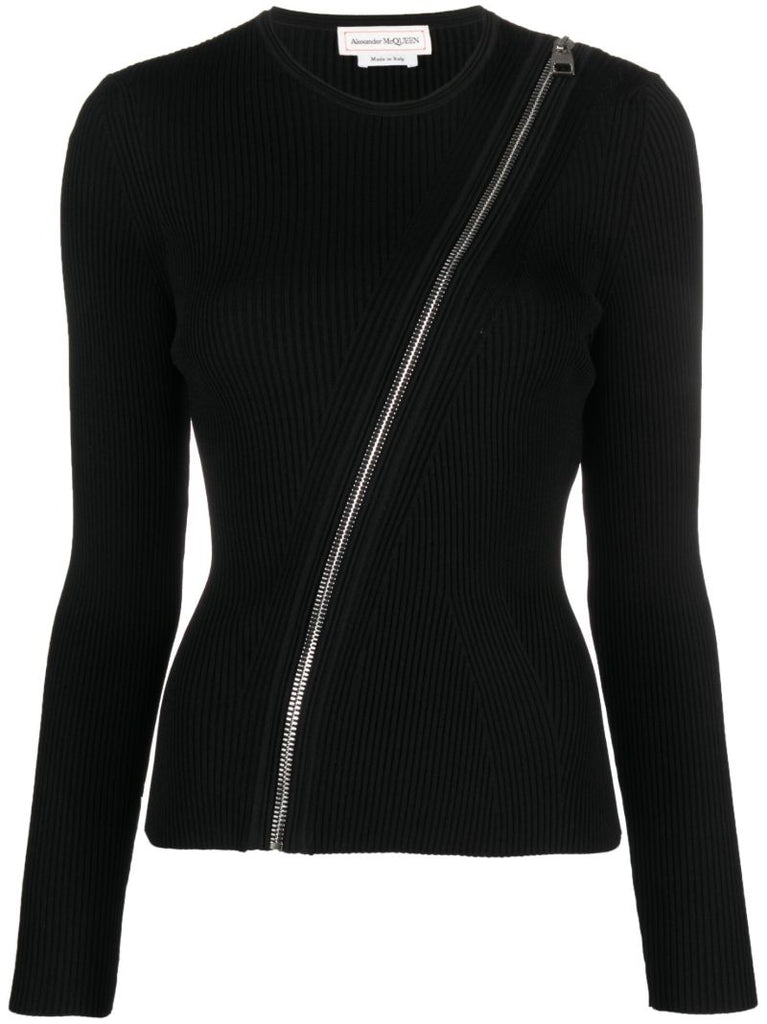 Black Ribbed Zip-up Top
