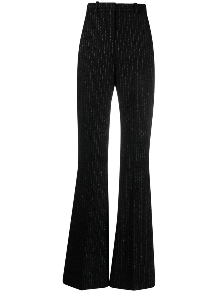 Black Pinstripe Flared Wool Trousers