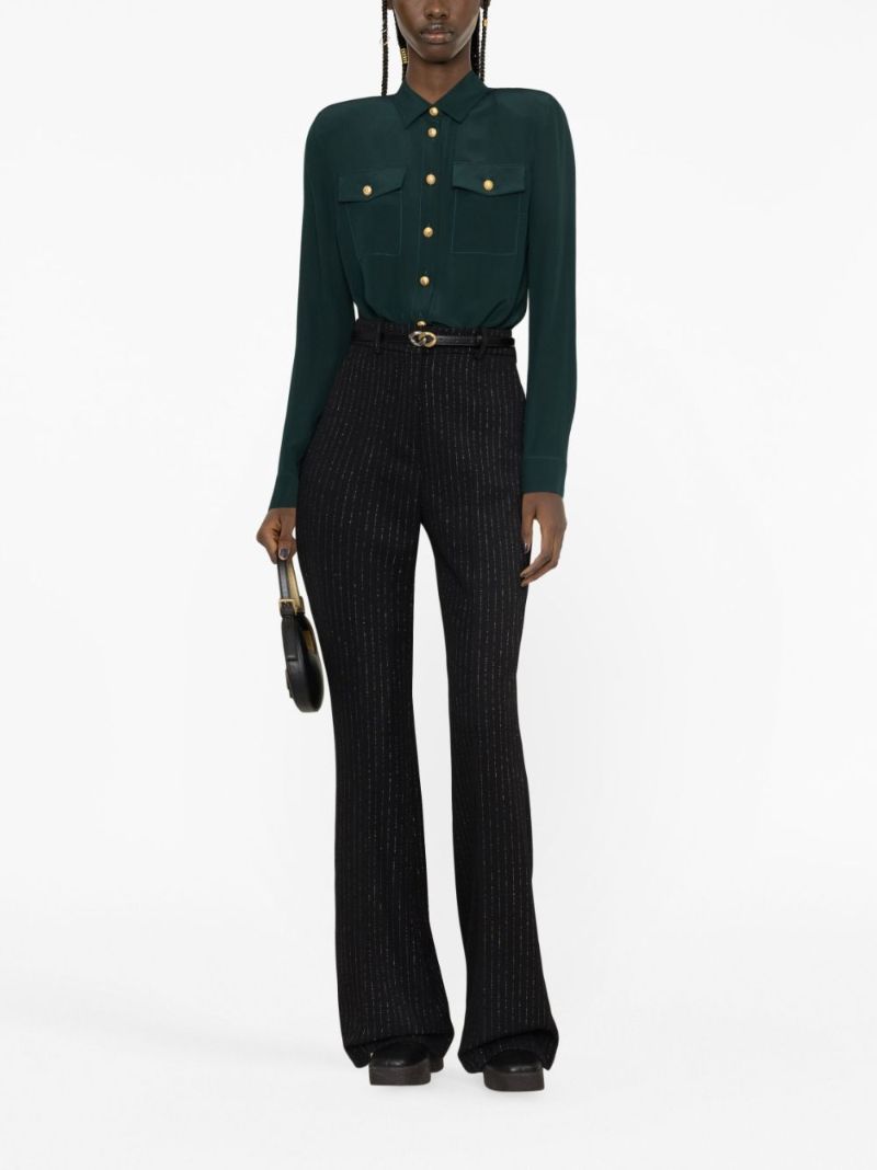 Black Pinstripe Flared Wool Trousers