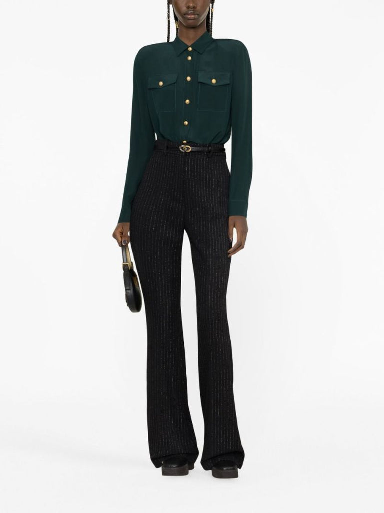 Black Pinstripe Flared Wool Trousers