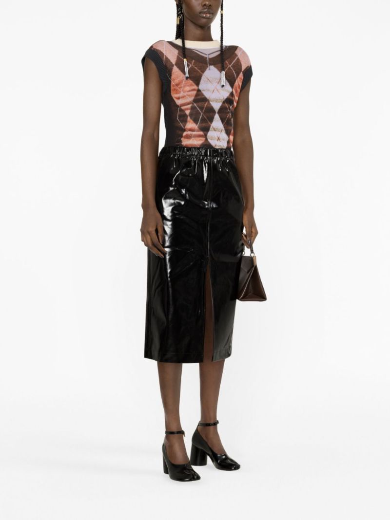 Black Split-front Patent Midi Skirt