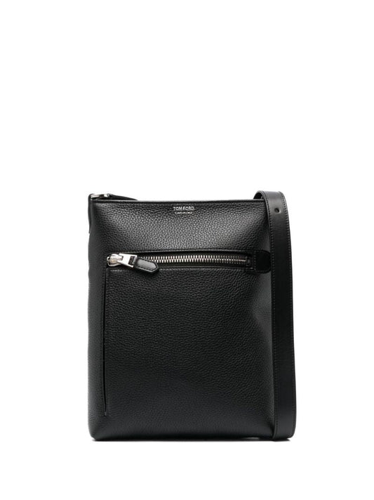 Black Grained Leather Messenger Bag