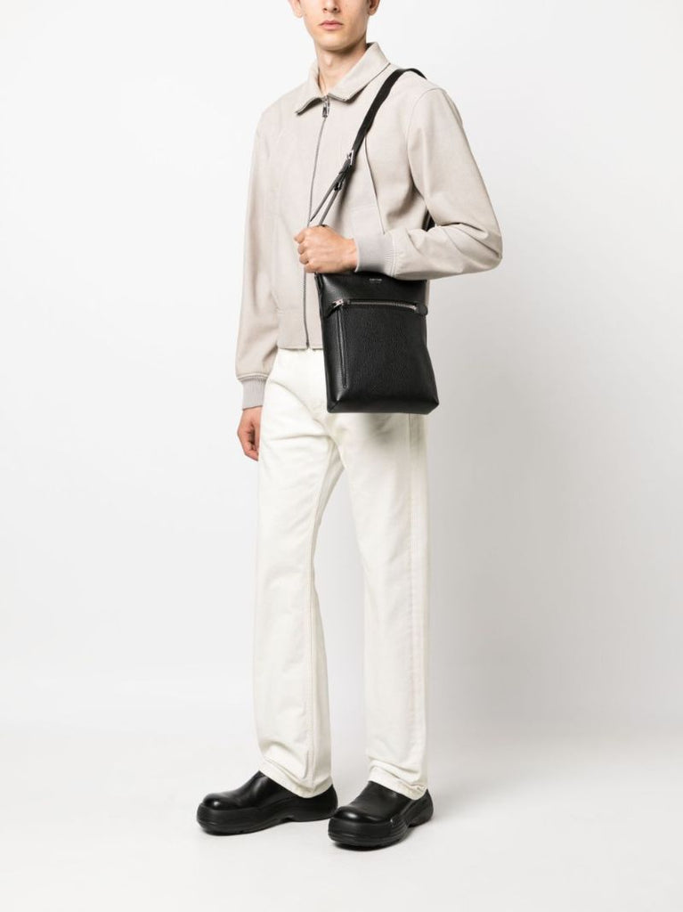 Black Grained Leather Messenger Bag