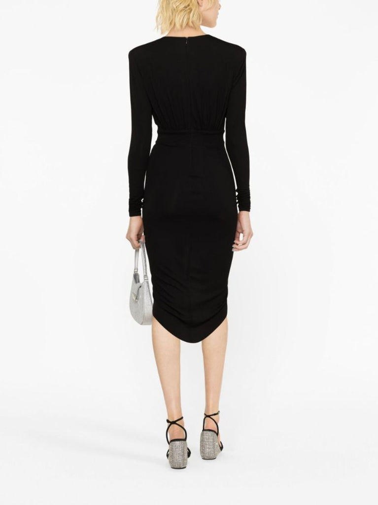 Black Gathered V-neck Dress