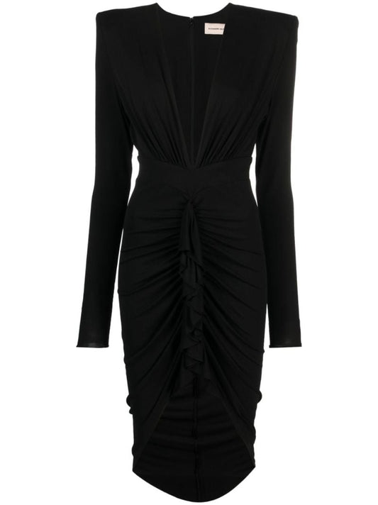 Black Gathered V-neck Dress